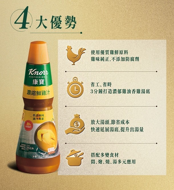 康寶濃縮鮮雞汁4大優勢，讓料理高效、省工、品質更穩定。