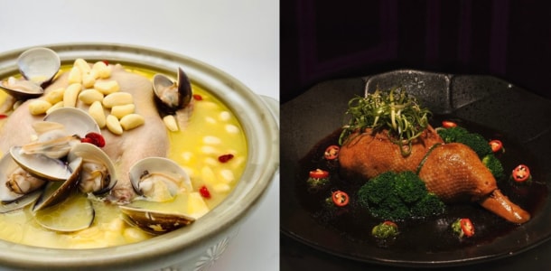 功夫菜相當考驗廚師技藝，主廚強調扎實的基本功才是創新的基礎。圖左為「濃白蒜頭雞湯」，圖右為「八寶葫蘆鴨」。