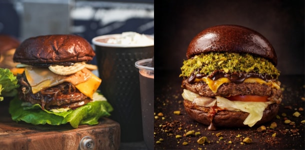 左圖「花生牛巧克堡」是巧克熊最受歡迎的餐點。右圖「開心果脆脆巧克堡」為限定口味。