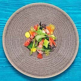 低溫烹調檸檬初榨橄欖油加里波利蝦附紅蘿蔔凍派以及百香果蛋黃醬 低溫烹調檸檬初榨橄欖油加里波利蝦附紅蘿蔔凍派以及百香果蛋黃醬