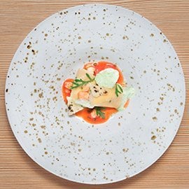 粗水管麵填Ricotta羊奶起司搭配茄子、檸檬配紅蝦高湯與羅勒白汁簡化版 粗水管麵填Ricotta羊奶起司搭配茄子、檸檬配紅蝦高湯與羅勒白汁簡化版